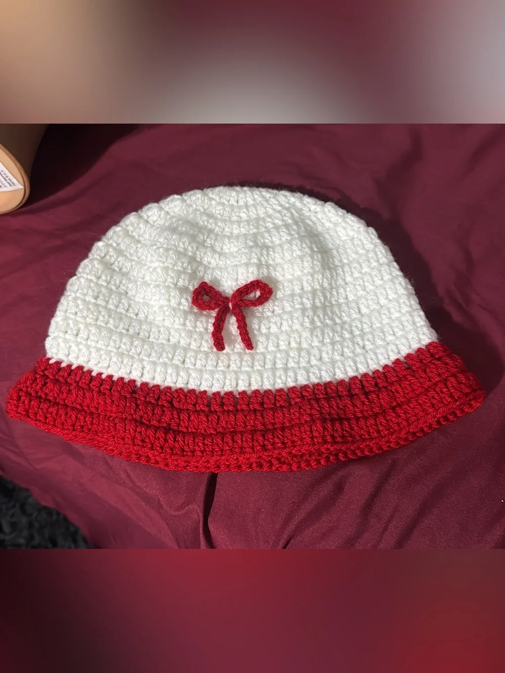 Kids Crochet White and Red Bucket Hat with Bow